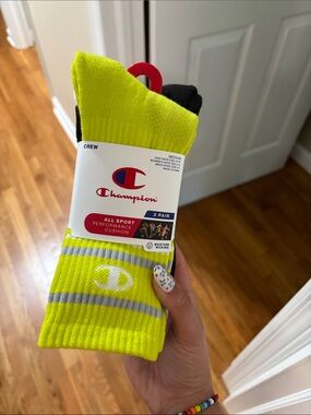 Champion Neon Yellow Crew Athletic Socks with Reflective Stripes (3-Pack)